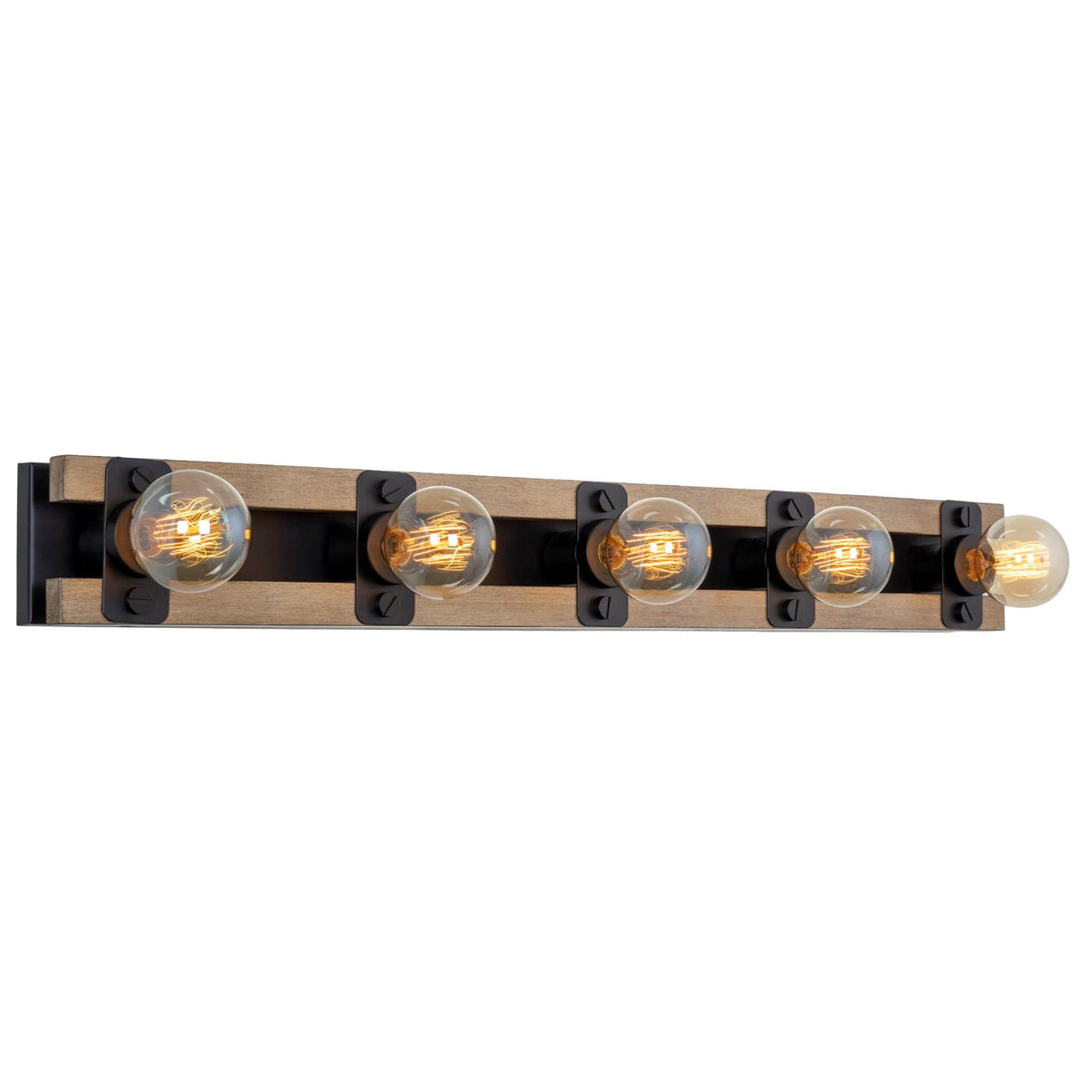 Kira Home Hogan 36" 5-Light Modern Farmhouse Vanity Light with Hand-Painted Wood Grain Metal, Rustic Wood Look Racktrack Bathroom Bar, Smoked Birch