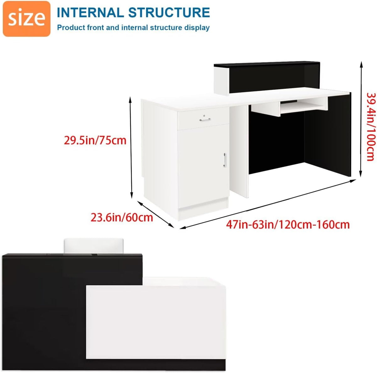 Reception Desk with Counter Modern Checkout Counter with Lockable Drawer Keyboard Tray Receptionist Desk for Office Salon Reception Table A Right 63inch/160cm