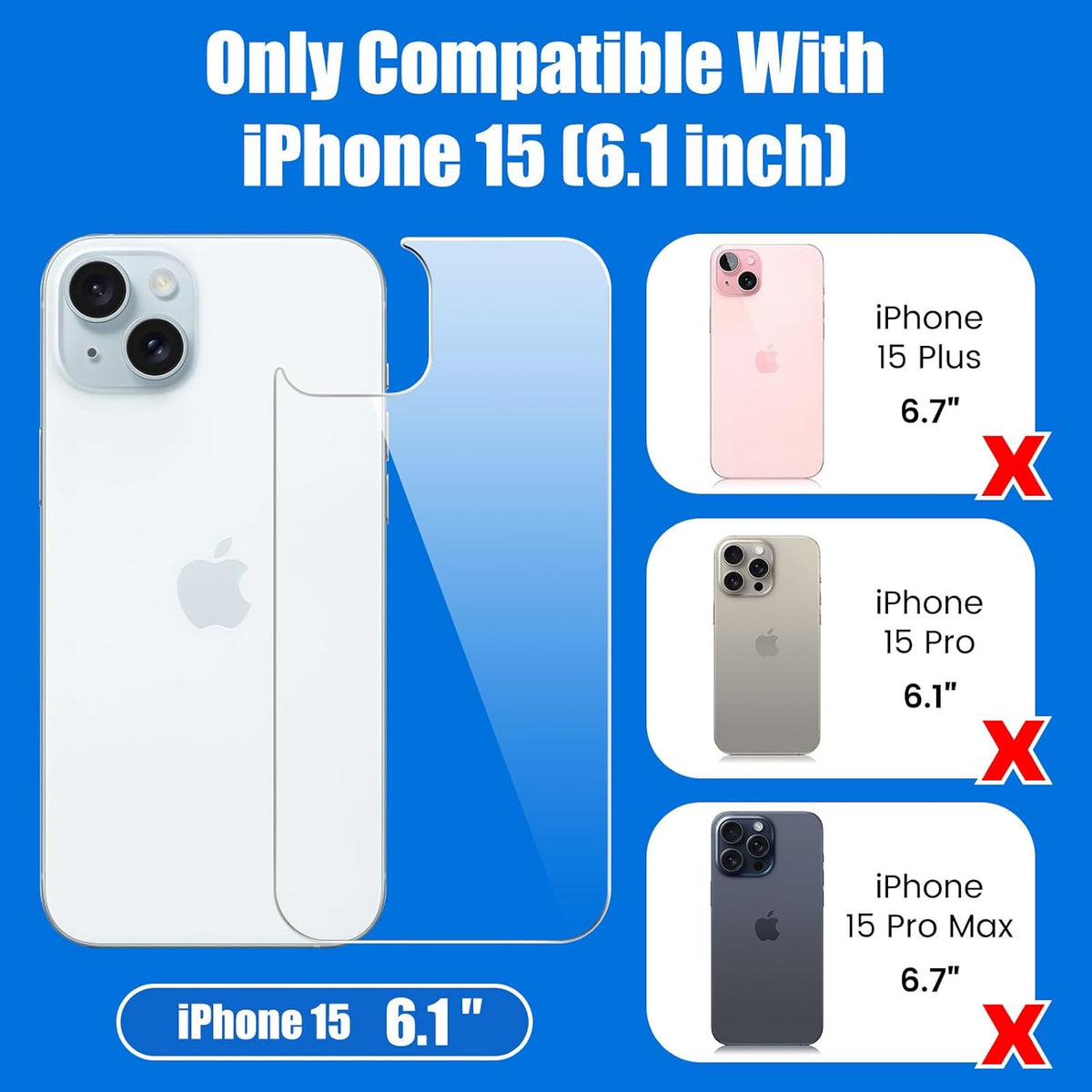 2 Pack Back Screen Protector for iPhone 15, Anti-Scratch Tempered Glass Protector for 6.1 inch iPhone 15