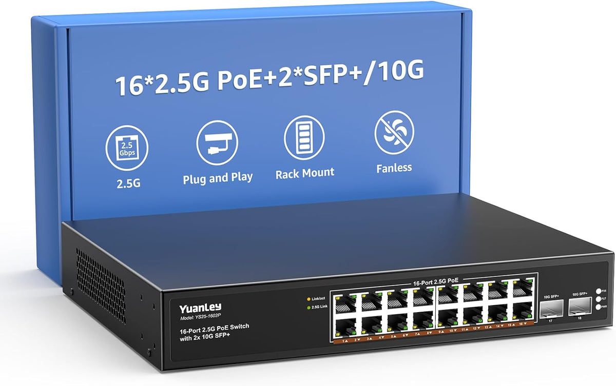 YuanLey 18 Port 2.5G PoE Switch Unmanaged, 16 x 2.5G Base-T PoE Ports, 2 x 10G SFP+, IEEE802.3af/at, 250W, Compatible with 100/1000/2500Mbps, Metal Case, Desktop/Rack Mount 2.5Gbe Network Switch