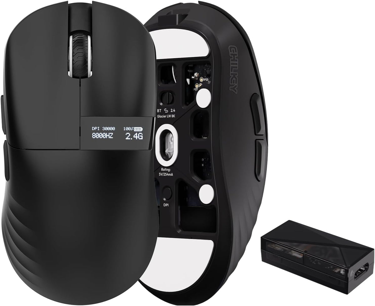 Chilkey Glacier LW 8K M Wireless Gaming Mouse with Screen - 49g Super Lightweight - Dual 8K Polling - Maximum 30000 DPI - Optical Switch - Tri-Mode 2.4G/USB-C/Bluetooth 5.2 - Black