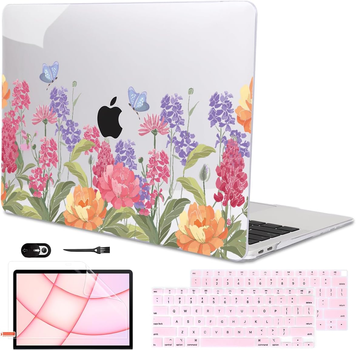 for MacBook Air 13 inch M1 Case 2021 2020 2019 2018 (Model M1 A2337 A2179 A1932) with Touch ID & Retina Display, Printed Pattern Hard Shell Case Keyboard Cover, Pink & Purple Flowers