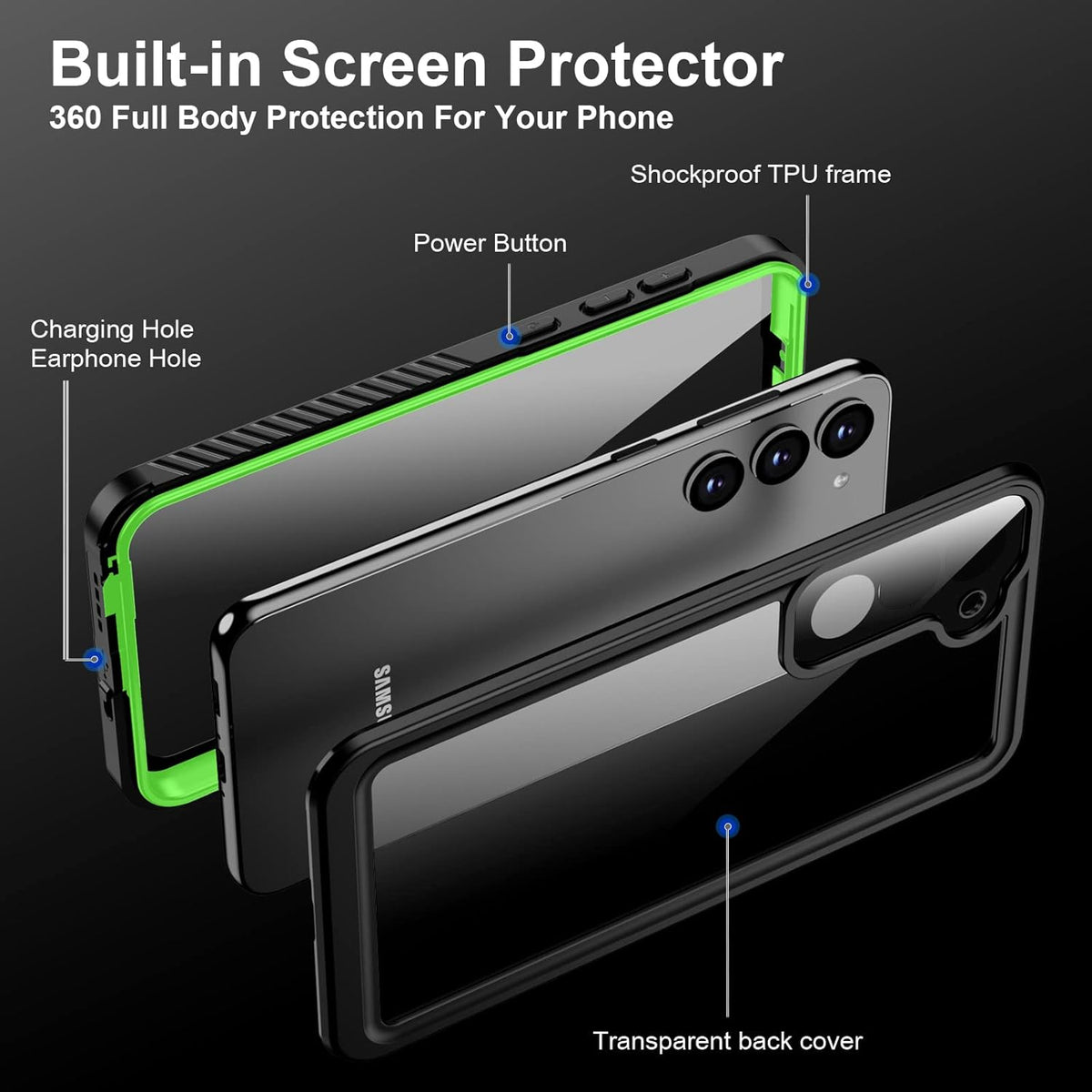 Waterproof Heavy Duty Phone Case for Samsung Galaxy S23, with Screen Protector for Men Women (Green)
