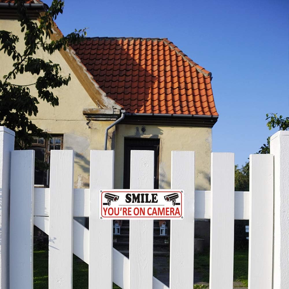Smile You're on Camera Sign - 2 Pack Video Surveillance Signs, 10" x 3.5" Metal Camera Warning Sign