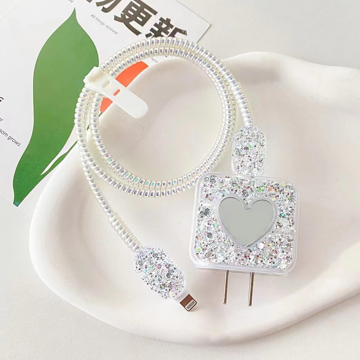 Cable Protector for iPhone Charger, Sparkle Love Heart Design for Women, Luxury Soft Data Line Cover (Silver)