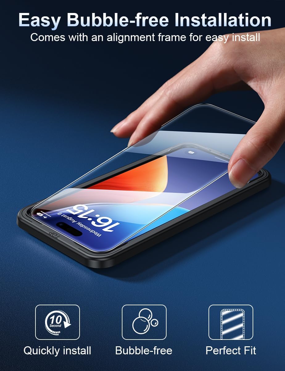 Screen Protector for iPhone 15 Pro [3-Pack] [6.1 Inch] HD Clear Tempered Glass Film with Installation Frame