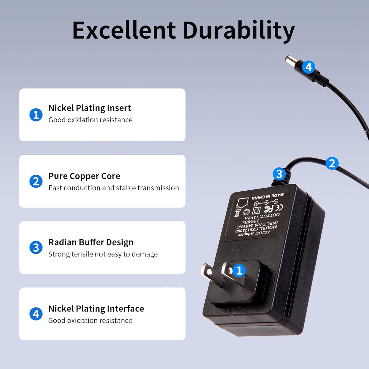 12V 2A Power Adapter Charger AC, 12V Regulated Power Supply with 10 Interchangeable DC Plugs for Electronics