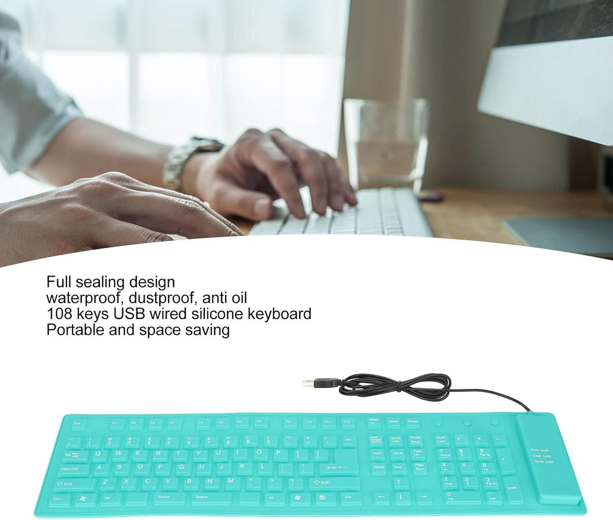 Foldable Silicone Keyboard, 108 Keys Waterproof Rollup USB Wired Keyboard for PC/Laptop/Notebook (Green)