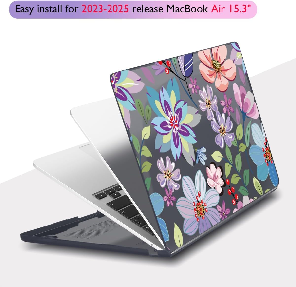 Teryeefi for MacBook Air Case 15 inch M4 M3 M2 Chip (2025 2024 2023 Release) A3241 A3114 A2941 Model with Keyboard Cover + Type C Adapter for MacBook Air 15, Pretty Flowers Black-104