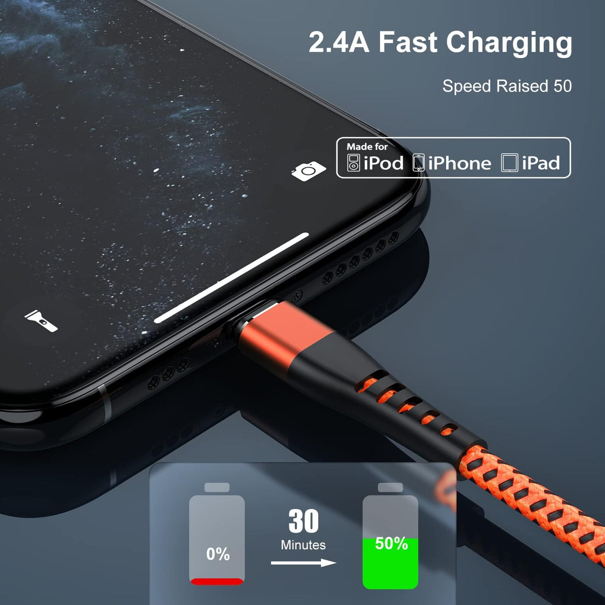 Essri 1FT iPhone Charger Cord 2Pack, [MFI Certified] USB to Lightning Cable, Nylon Braided Long Charging Cable - Orange