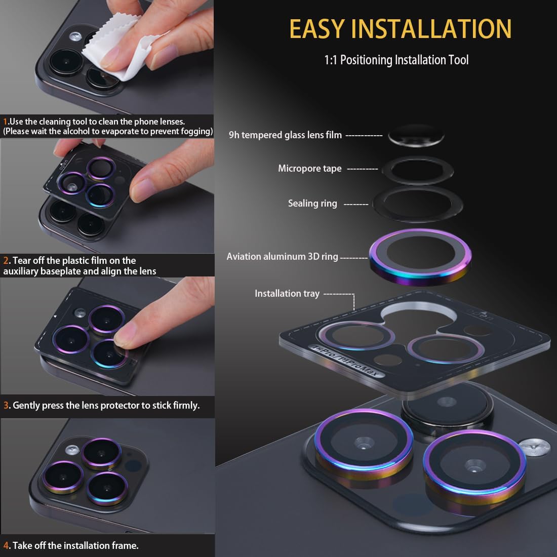 Camera Lens Protector for iPhone 13 Pro & Pro Max - Tempered Glass with Aluminum Alloy Ring