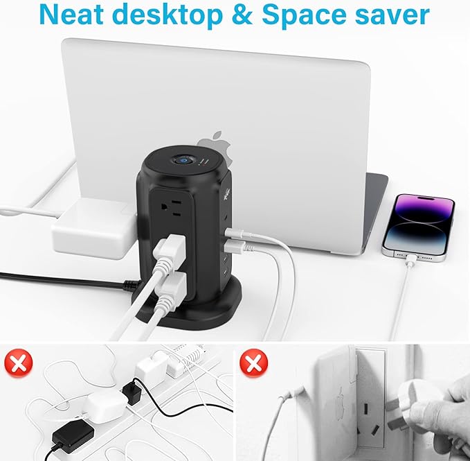 AiJoy Power Strip Tower with 9 AC Outlets and 5 USB Ports Charging Station