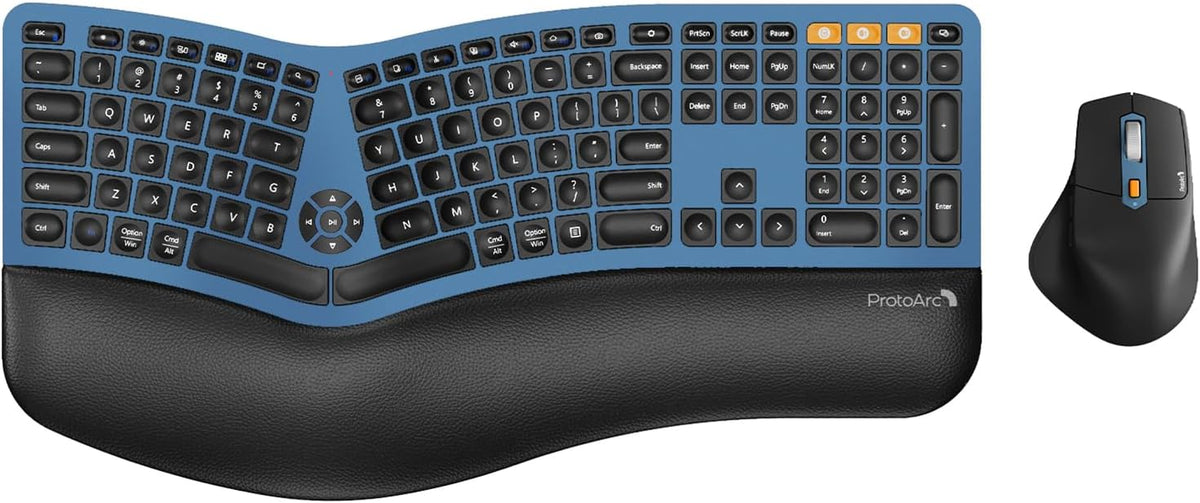 ProtoArc Ergonomic Wireless Keyboard Mouse, EKM01 Plus Full Size Ergo Bluetooth Keyboard Mouse Combo, Split Design, Wrist Rest, Multi-Device, Rechargeable, for Windows/Mac OS - Blue