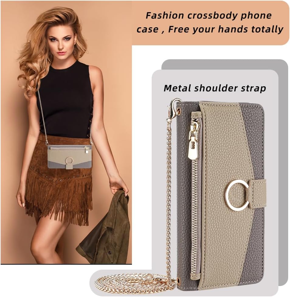 Asuwish iPhone 15 Pro Wallet Case 6.1" - Gray, with Screen Protector, Mirror Flip, Card Holder, Crossbody Strap, Stand.