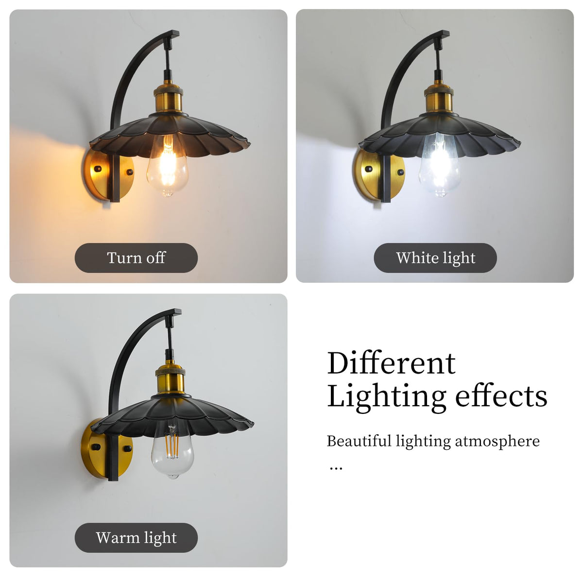 HOREVO Industrial Wall Sconces, Vintage Wall Light Fixtures with Scalloped Metal Shade, Matte Black & Gold Wall Mounted Lamp for Bedroom, Farmhouse