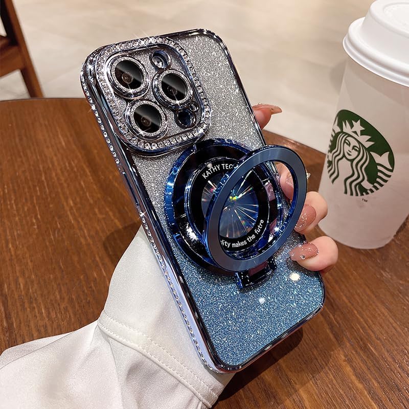 Magnetic Kickstand (Glitter Lens Protector ) Case for iPhone 15 14 13 12 Pro Max (Compatible with Magsafe ) Sparkling Diamond Cover Glitter Shiny Rhinestone Cases (Blue,for iPhone 12 Pro)