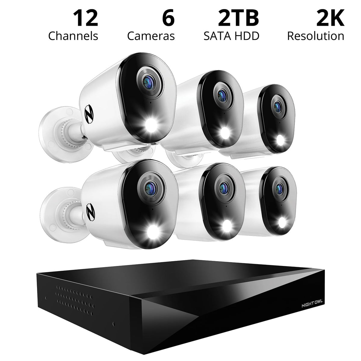 Night Owl 2-Way Audio 12 Channel DVR Video Home Security Camera System with (6) Wired 2K HD Indoor/Outdoor Deterrence Cameras and 2TB Hard Drive (Add