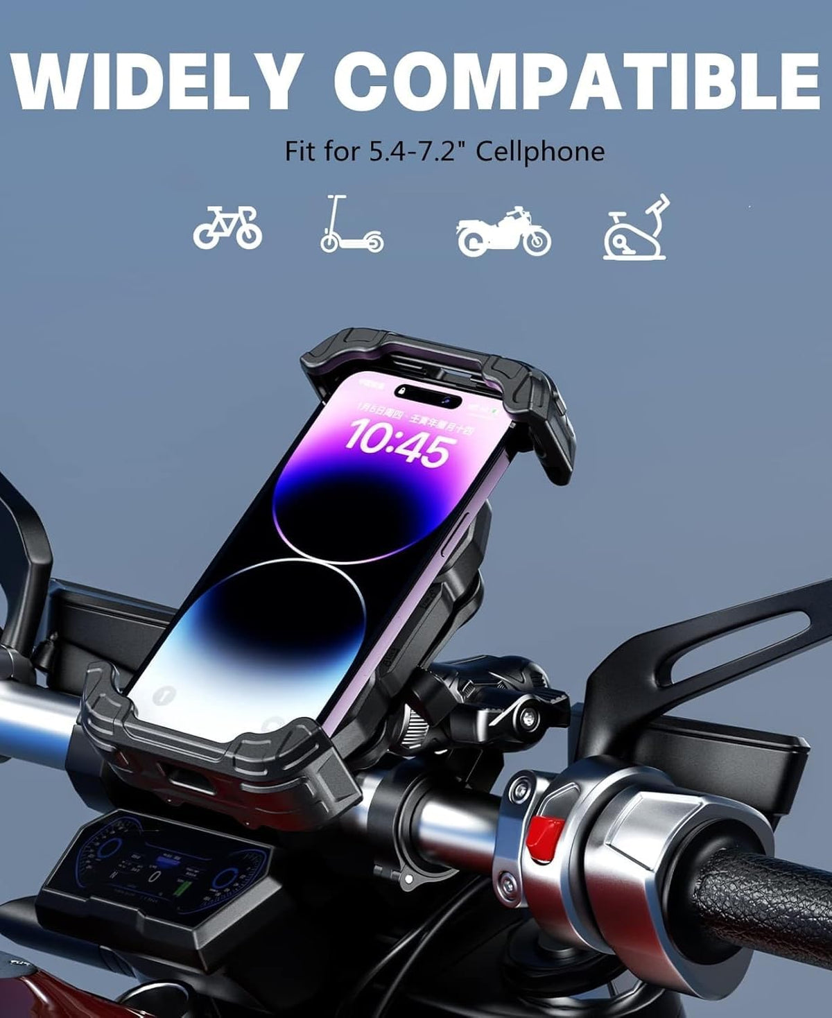 Kewig Motorcycle Phone Mount Holder with Vibration Dampener & Secure Lock, Anti-Shake Handlebar Cellphone Mount for Moto Bike Scooter ATV, Adjustable Phone Mount Fit 5.4-7.2'' Phone