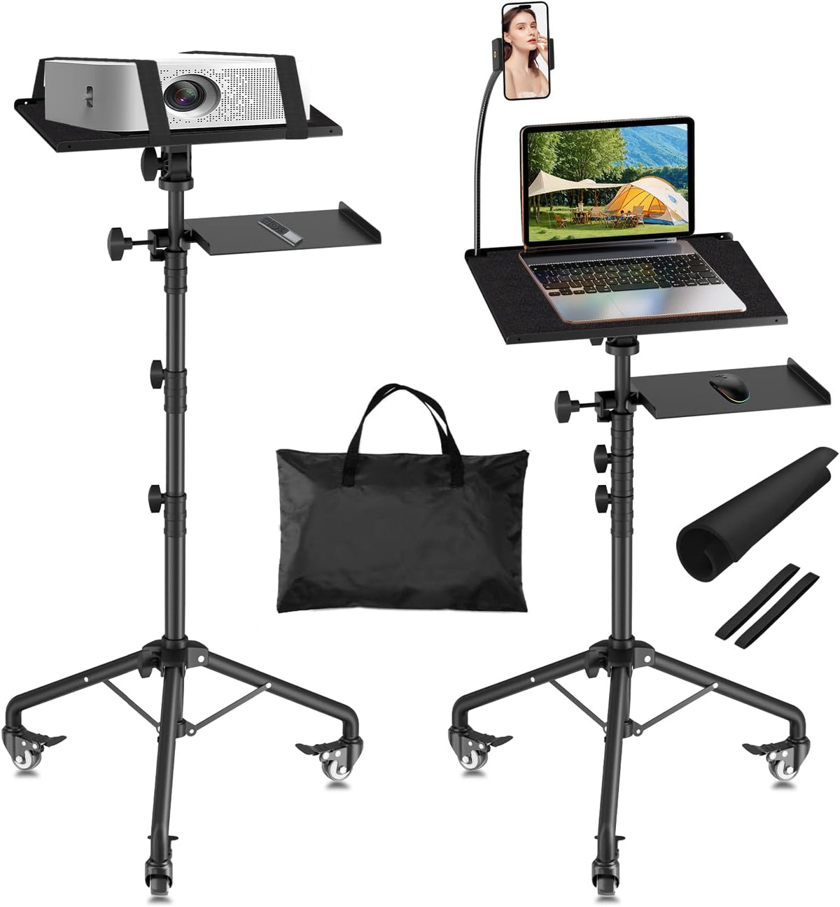 Projector Tripod Stand with Wheels, Portable Laptop Floor Support with Mouse Tray & Bag, Height Adjustable 26 to 49 Inch with Gooseneck Phone Holder for Office, Home, DJ Racks