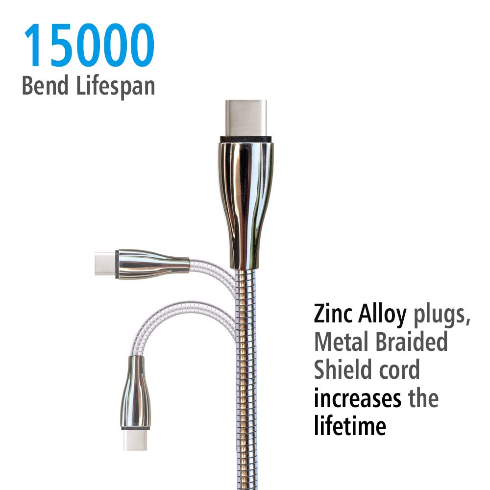 Shop the 6ft Metal Braided Wire USB C to USB C Cable 2-Pack, 60W 3A, Stainless Steel, Tangle-Free, Chew-Proof, Silver.