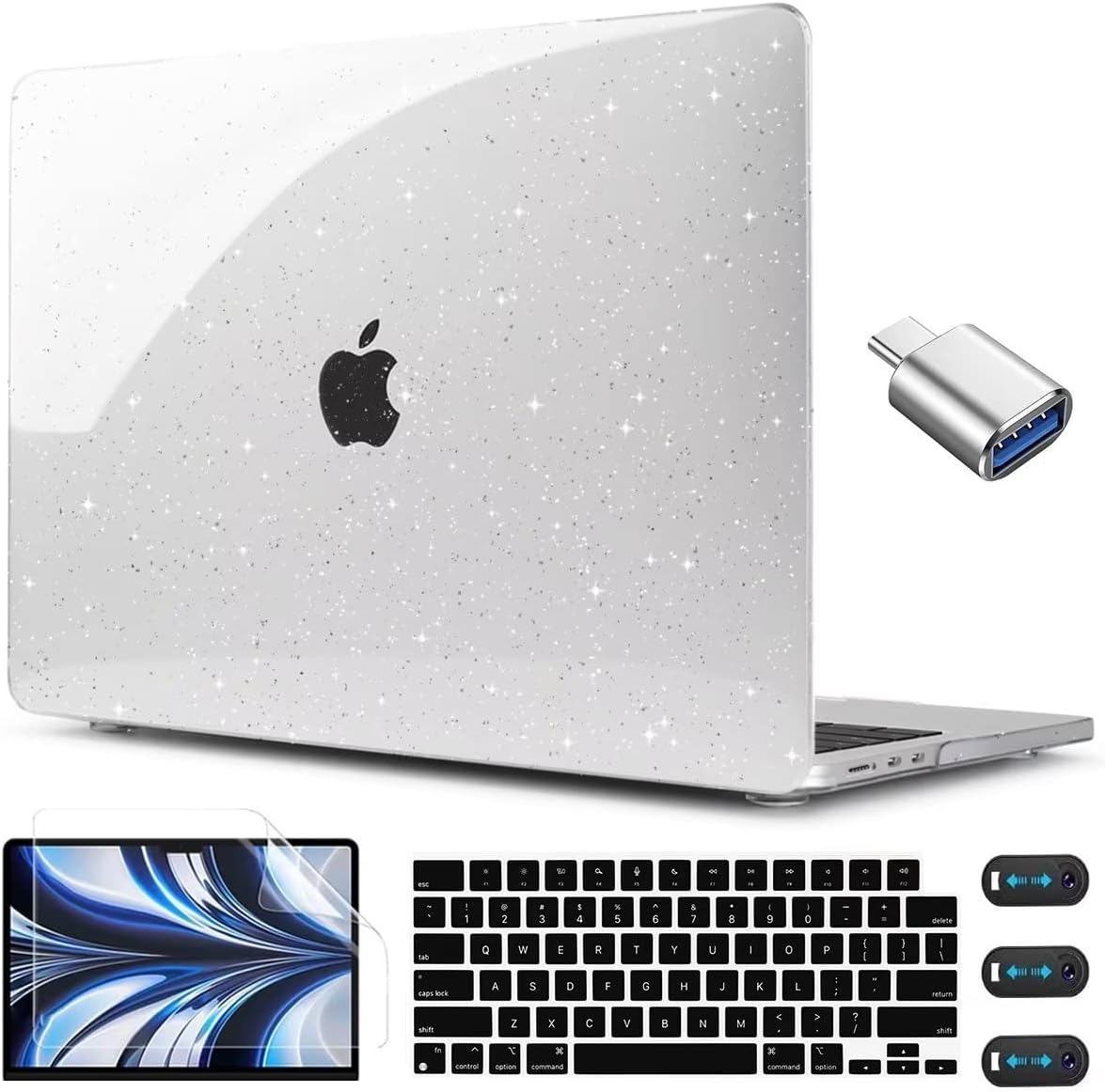 CISSOOK Clear Glitter Star Case for MacBook Air 13.6 inch 2025 2024 2022 Release A3240 A3113 A2681, Glossy Sparkly Hard Shell Case with Keyboard Cover Type C Adapter for MacBook Air 13.6" M2 M3 M4