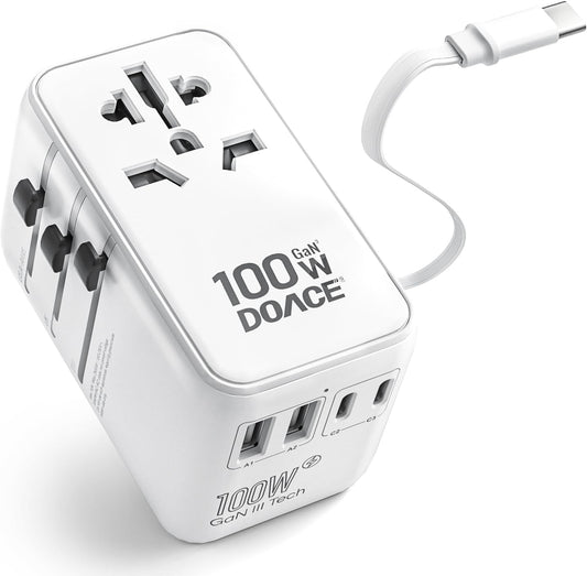 DOACE Universal Travel Adapter, 100W GaN 3.0 International Power Adapter with Built-in USB-C Cable, 6 in 1 Travel Adapter with 5 USB Ports, Plug Adapter Worldwide for EU/UK/USA/AUS(White)