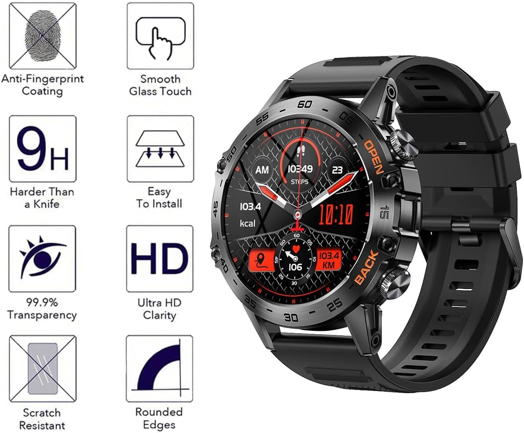 3 Pack Tempered Glass Screen Protector for SUNKTA K52 Smartwatch, Compatible with FOXBOX K-52 Anti-Scratch Foils