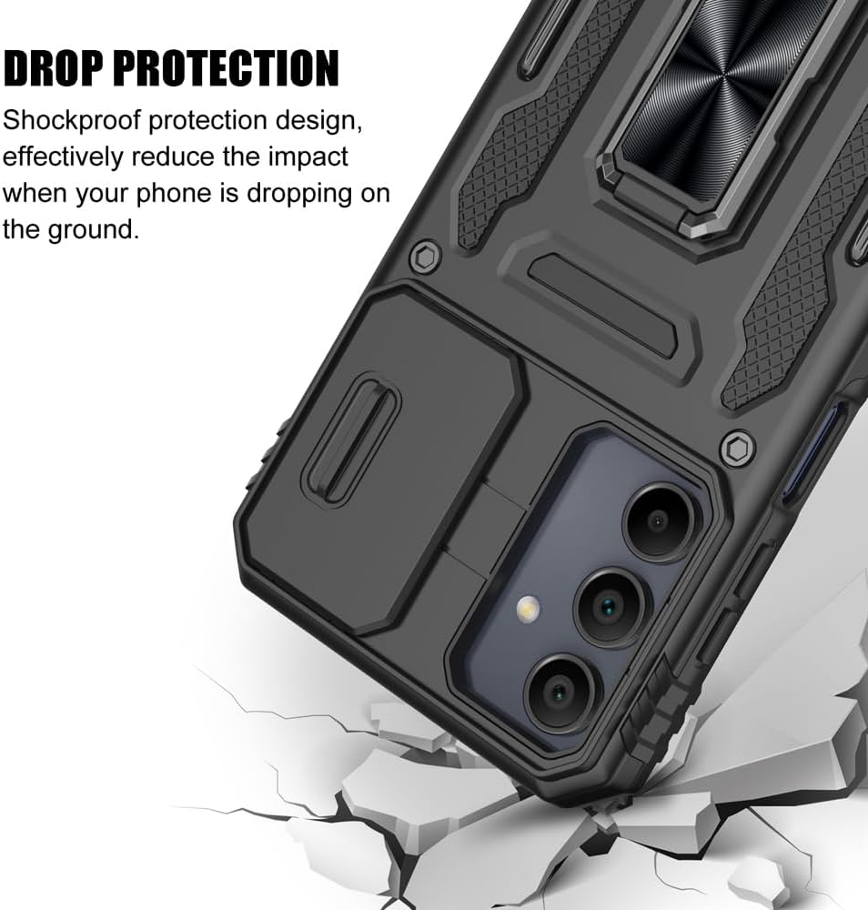 Samsung Galaxy A35 5G Case, Shockproof with Sliding Camera Cover & Ring Holder Kickstand, Black