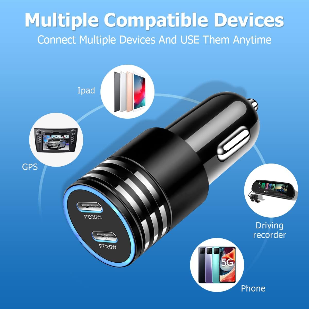 2Pack 60W USB Car Charger, Fast Charging Cigarette Lighter Adapter with 2 Ports, Type C Mini Car Charger for iPhone