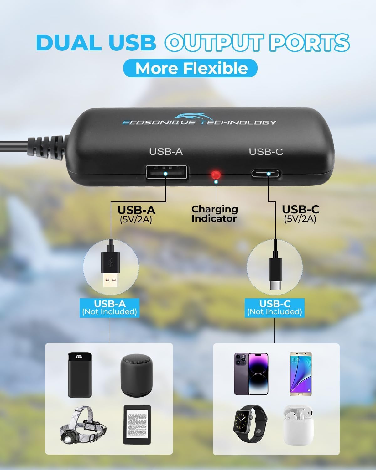 Ecosonique 10W/15W/30W/60W Portable Solar Panel Charger, IP67 Waterproof ETFE USB Solar Phone Charger with Detachable Power Hub, 2025 Latest Version Compatible with iPhone, Power Bank, Smartwatch