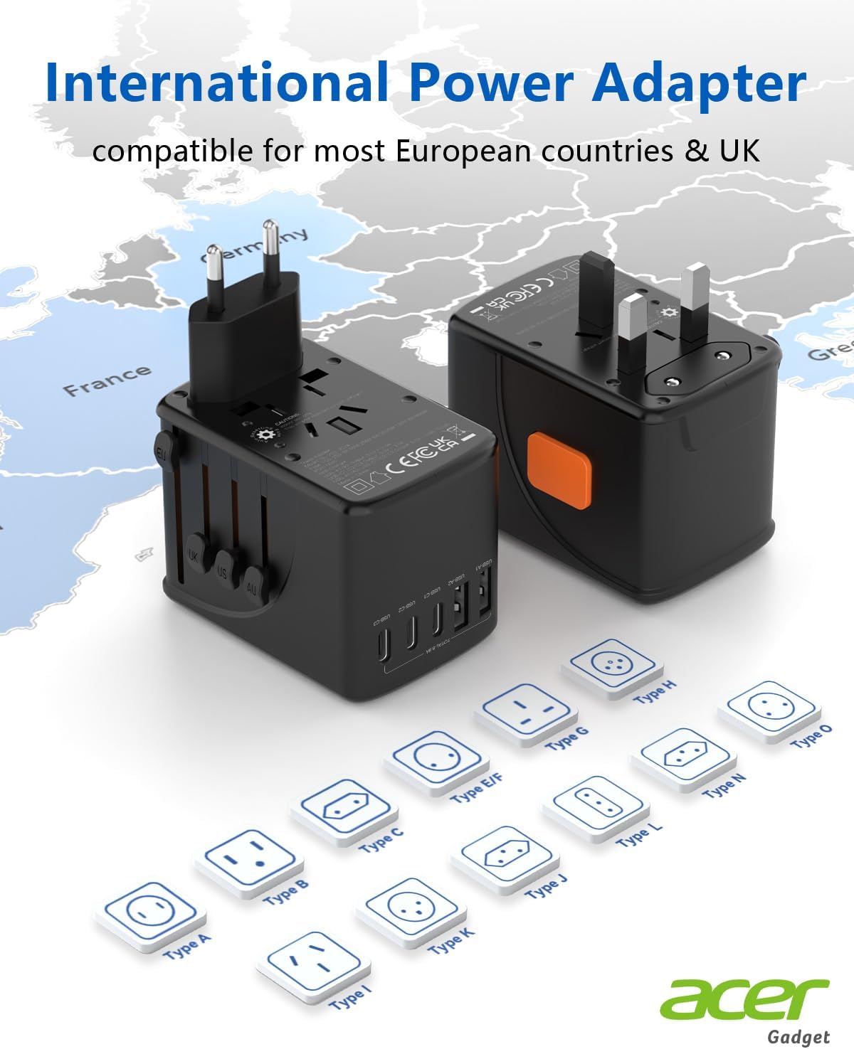 Acer Universal Travel Plug Adapter - International Power Adapter with 5 USB Ports (3 USB C) 5.8A, Worldwide Outlet Charger for USA to European UK France Germany Spain, Type C/E/F/G/I/L/A, Black