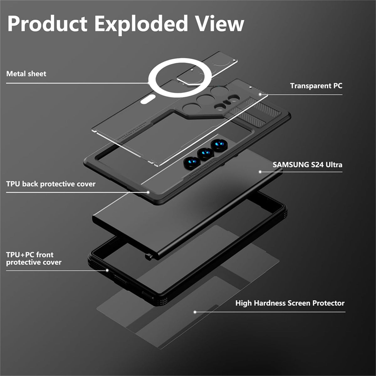 Designed for Galaxy S24 Ultra Case Black, Compatible with Magsafe, Built-in Screen Protector, IP68 Underwater