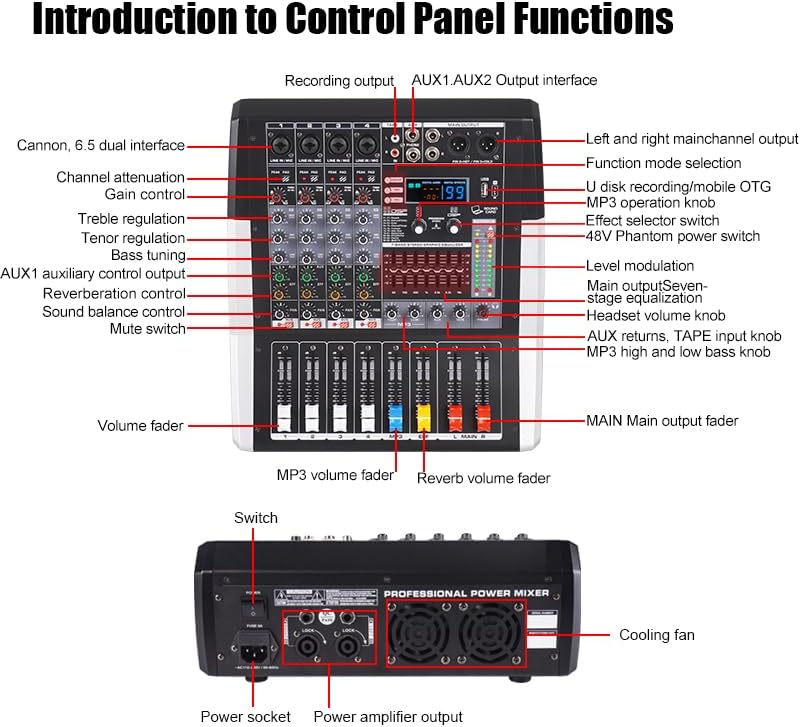 TF400 Dj Mixer 4 Channel Audio Mixer Bluetooth Sound Bar with Power Amplifier 2 * 350W Power Output Powered Mixer USB Audio Interface Sound Mixer with 99 DSP FX Reverb Effects for Streaming Media