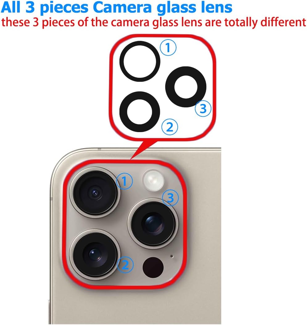 Rear Camera Lens Glass Replacement for iPhone 15 Pro Max with Pre-Installed Adhesive, Installation Manual, Repair Tool