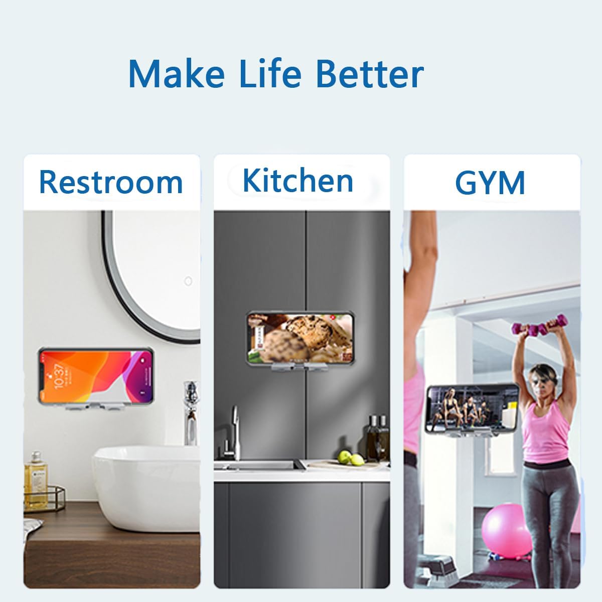 Shower Phone Holder with 2PCS Adhesive Stickers, Wall Mount Stand for Bathroom and Kitchen (Silver-Gray)