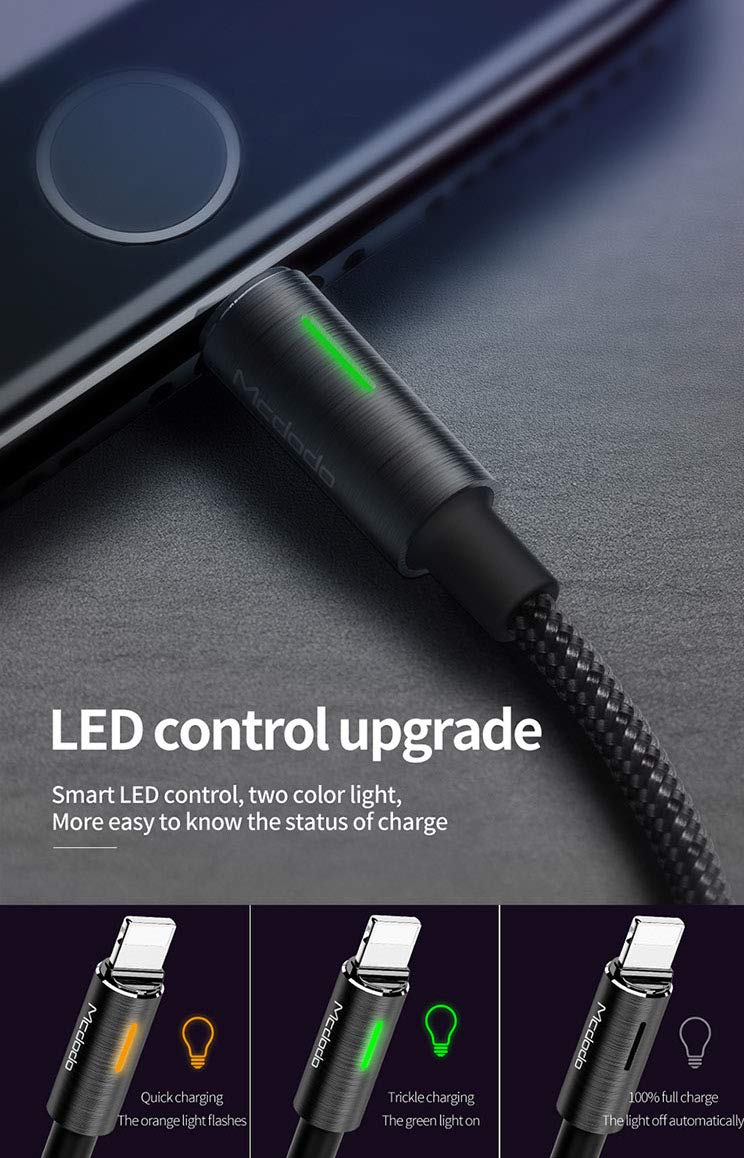 mcdodo 6FT/1.8M Smart LED USB Data Cable: Auto Disconnect & Recharge, Nylon Braided, Compatible with New Phones (Black)