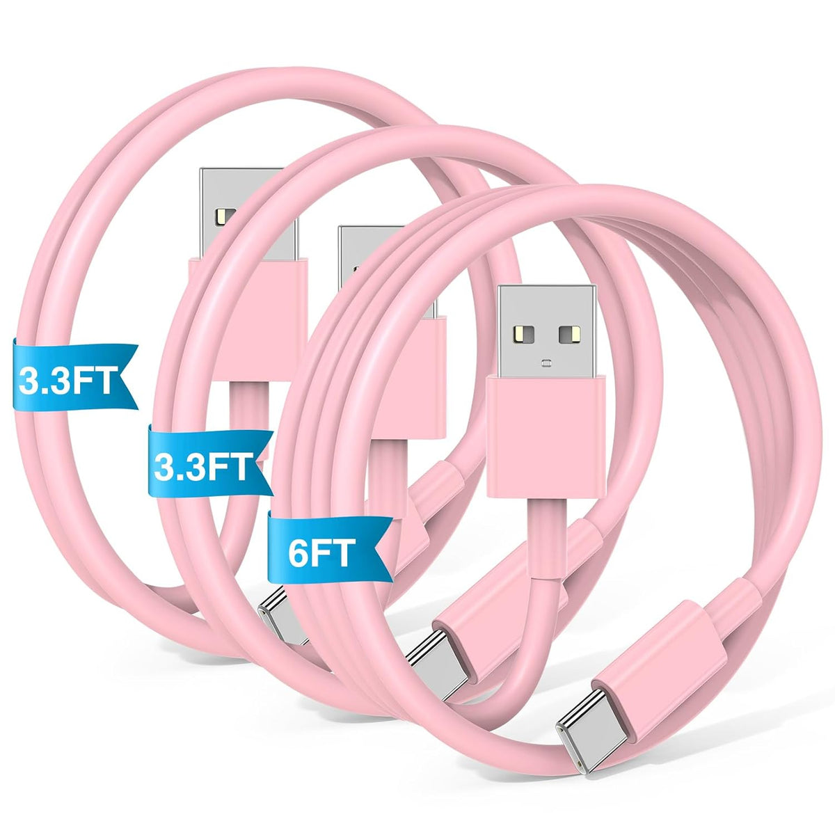 3-Pack Pink [3.3FT+3.3FT+6FT] USB A to USB C Cable，USB to USB C Car Carplay Cable for iPhone 16 15 Pro Plus Pro Max，for iPad Pro/Air/Mini，for Samsung S24/S23/S22/S21，for MacBook Pro/Air and More