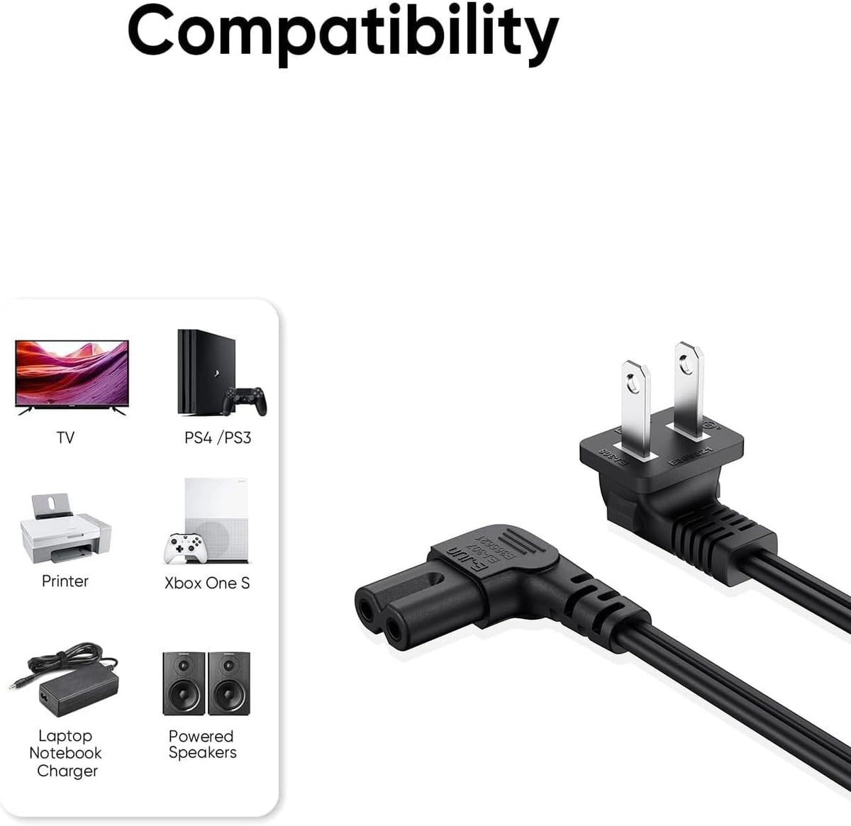 IJP 10FT 24" 32" 40" 43" 48" 49" 50" 55" 60" 65" 75", UN40 UN43 UN48 90 18AWG 2-Prong C7 Longer TV Power Cord