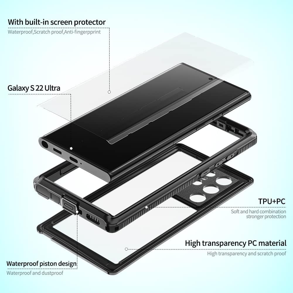 Designed for Galaxy S23 Ultra, Waterproof Case with Built-in Screen Protector, Full Body Shockproof Rugged Black