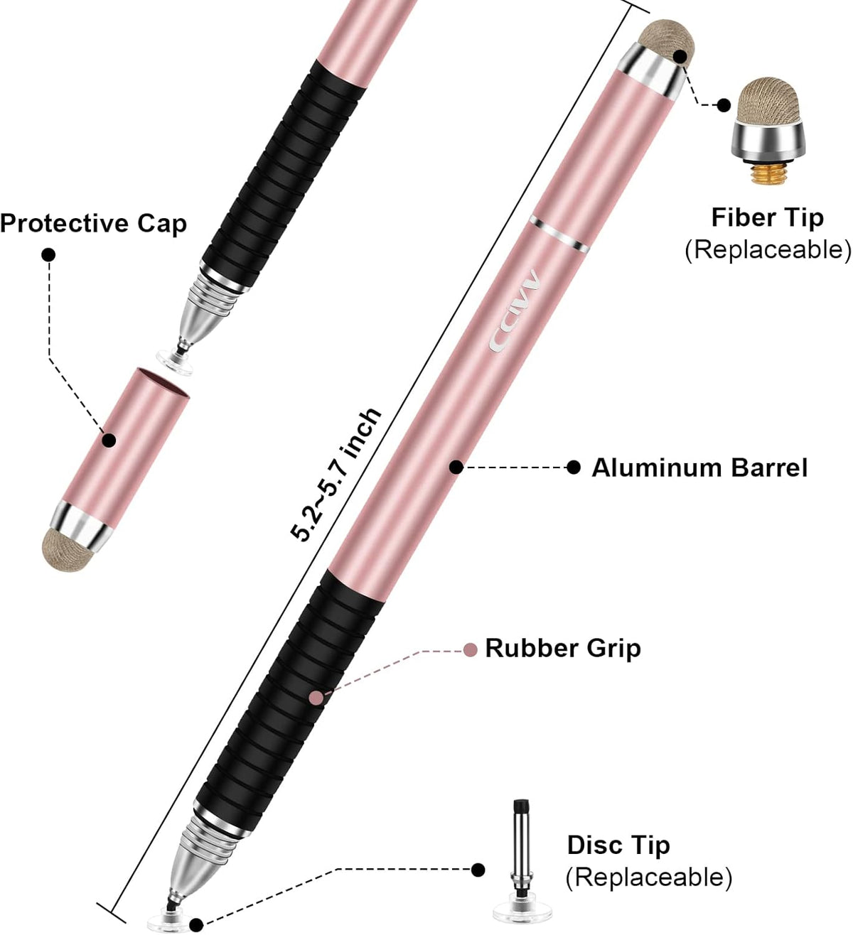 Stylus Pen, 2 in 1 Fine Point and Mesh Tip Stylus for Touch Screen, Compatible for Tablet and Cellphone (1Pc, Black)