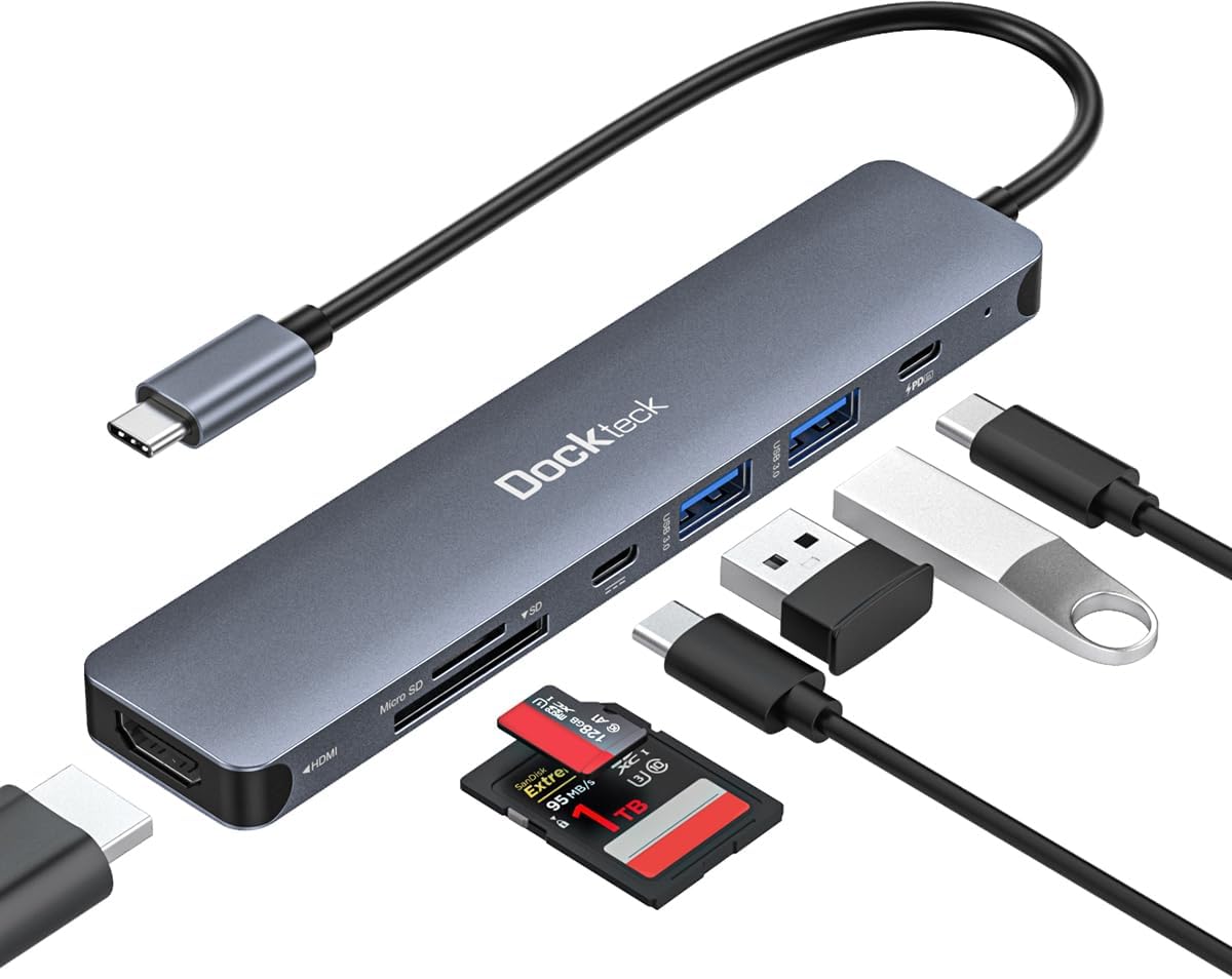 USB C Hub, dockteck 7 in 1 Multiport USB C Adapter with 4K HDMI, 100W PD, 5 Gbps USB-C, 2 USB-A Data Ports, SD/TF Card Reader for MacBook Pro/Air, iPad Pro, Surface Pro, Steam Deck, XPS, HP