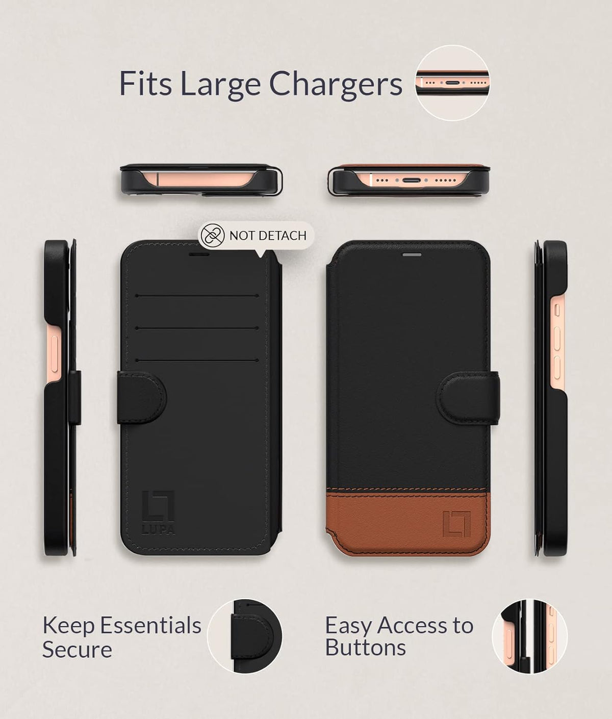 LUPA Legacy Wallet Case for iPhone 13 - Slim & Durable Card Holder - Faux Leather Folio Cover for Men and Women (Sandy