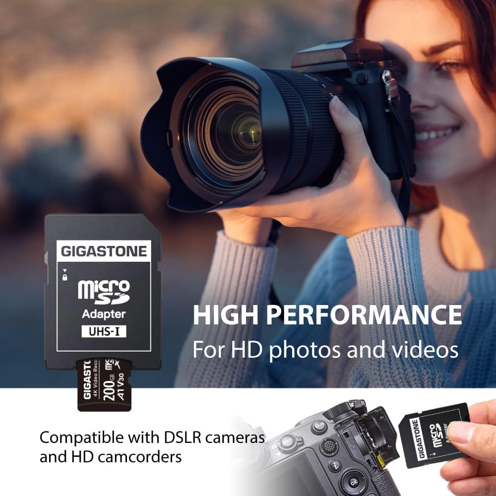 Gigastone 200GB A1 V30 4K 100MB/s Micro SD Card, Video Recording, Compatible with Security Camera, Dash Cam, Drone