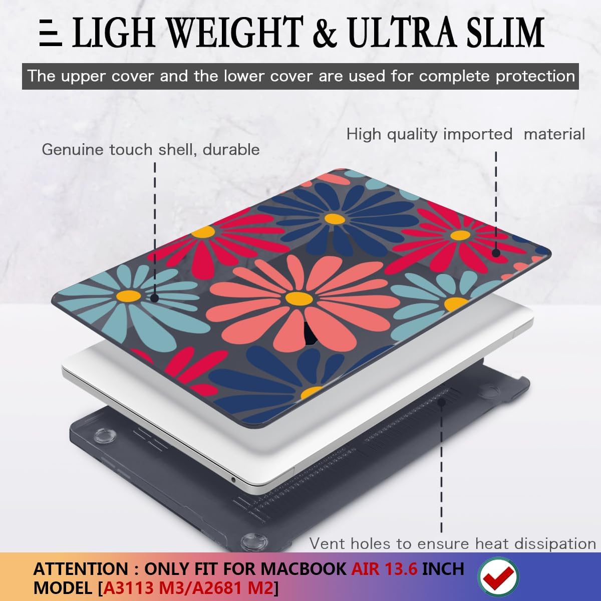 CISSOOK Compatible with MacBook Air 13 inch Case 2025 2024 2023 2022 Release M4 M3 M2 Chip, Plastic Hard Shell Cover Keyboard Skin for MacBook Air 13.6 inch A3240 A3113 A2681, Daisy Flowers