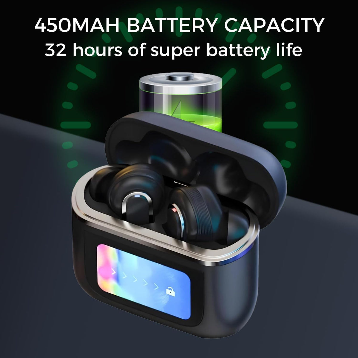 Wireless Earbuds with LCD Touch Screen, Bluetooth 5.3, Noise Cancelling, 32H Playback, IP4 Waterproof, 1.47" Screen