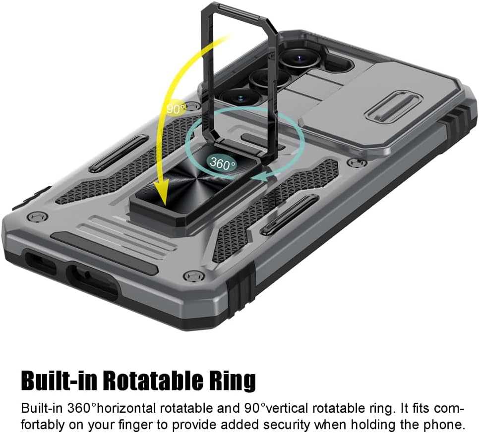 Samsung Galaxy S23 Case, Gray Shockproof Phone Case with Sliding Camera Cover & Rotatable Ring Holder + Screen Protector