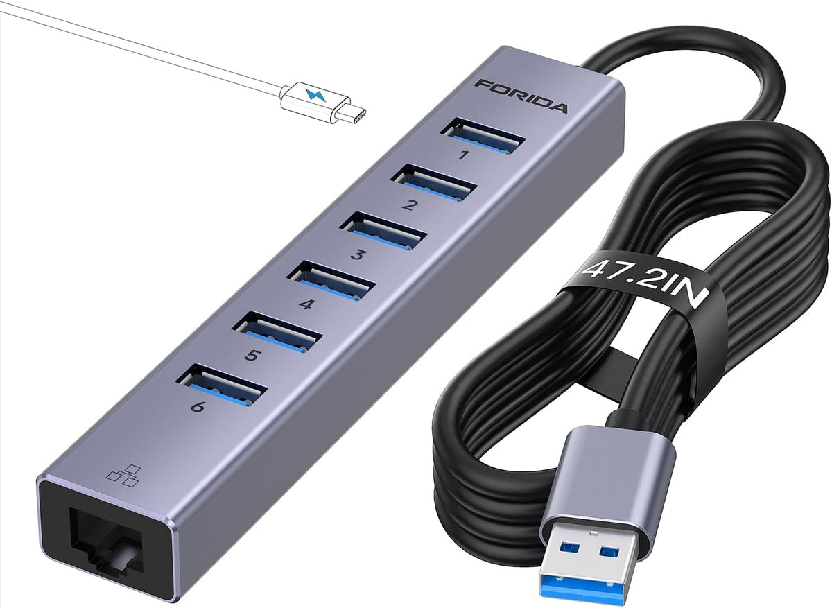 7 Port USB Hub USB Ethernet HUB with 3.9ft Long Cable for Laptop, USB Splitter with Gigabit Ethernet Port and 5V/3A Power Port, MultiPort Aluminum Expander for Laptop, iMac, PC, Flash Drives