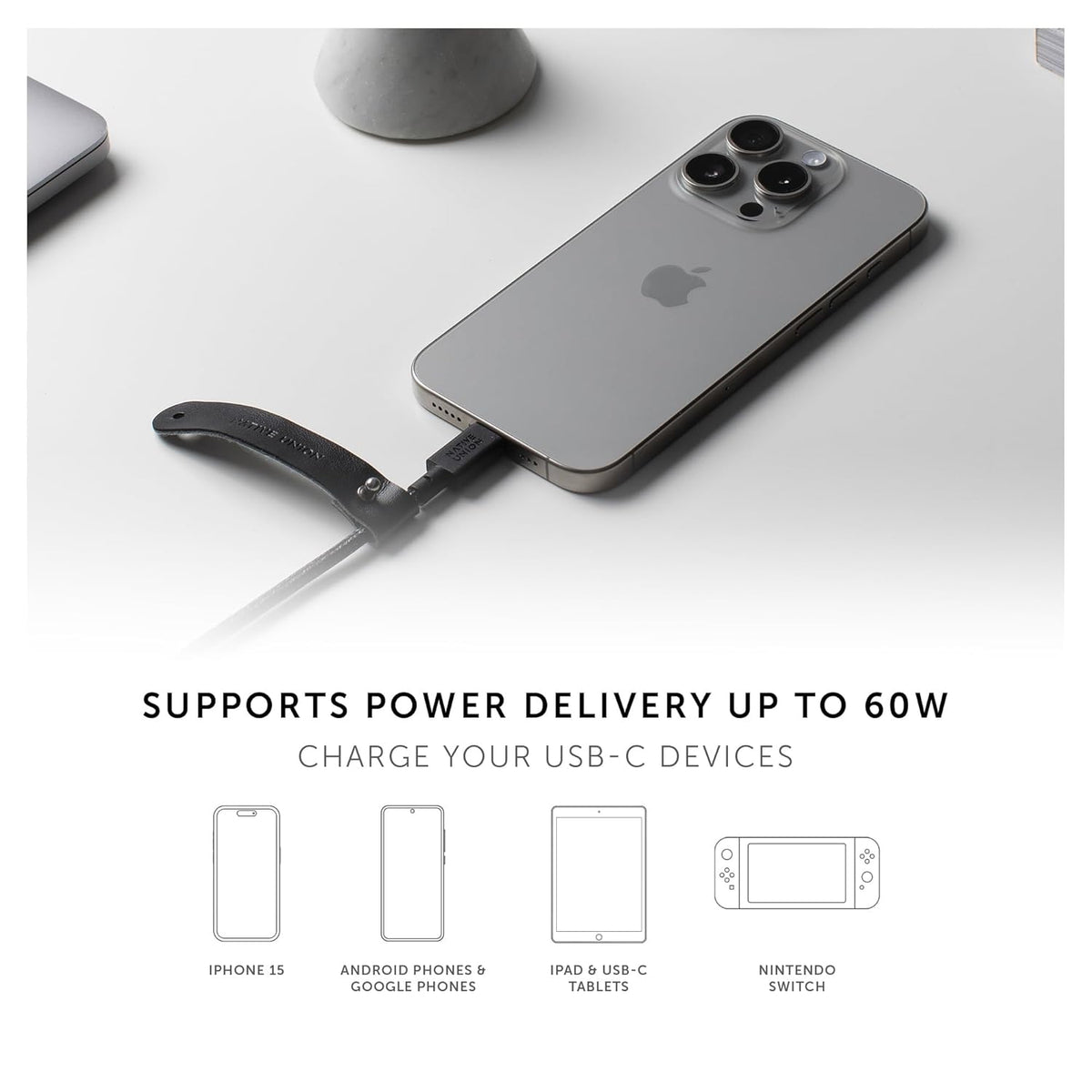 Native Union Belt Cable USB-C to USB-A - 4ft Ultra-Strong Charging Cable with Leather Strap for iPhone 15, Samsung