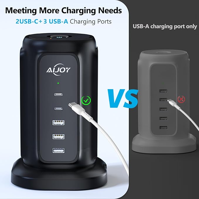 AiJoy Power Strip Tower with 9 AC Outlets and 5 USB Ports Charging Station