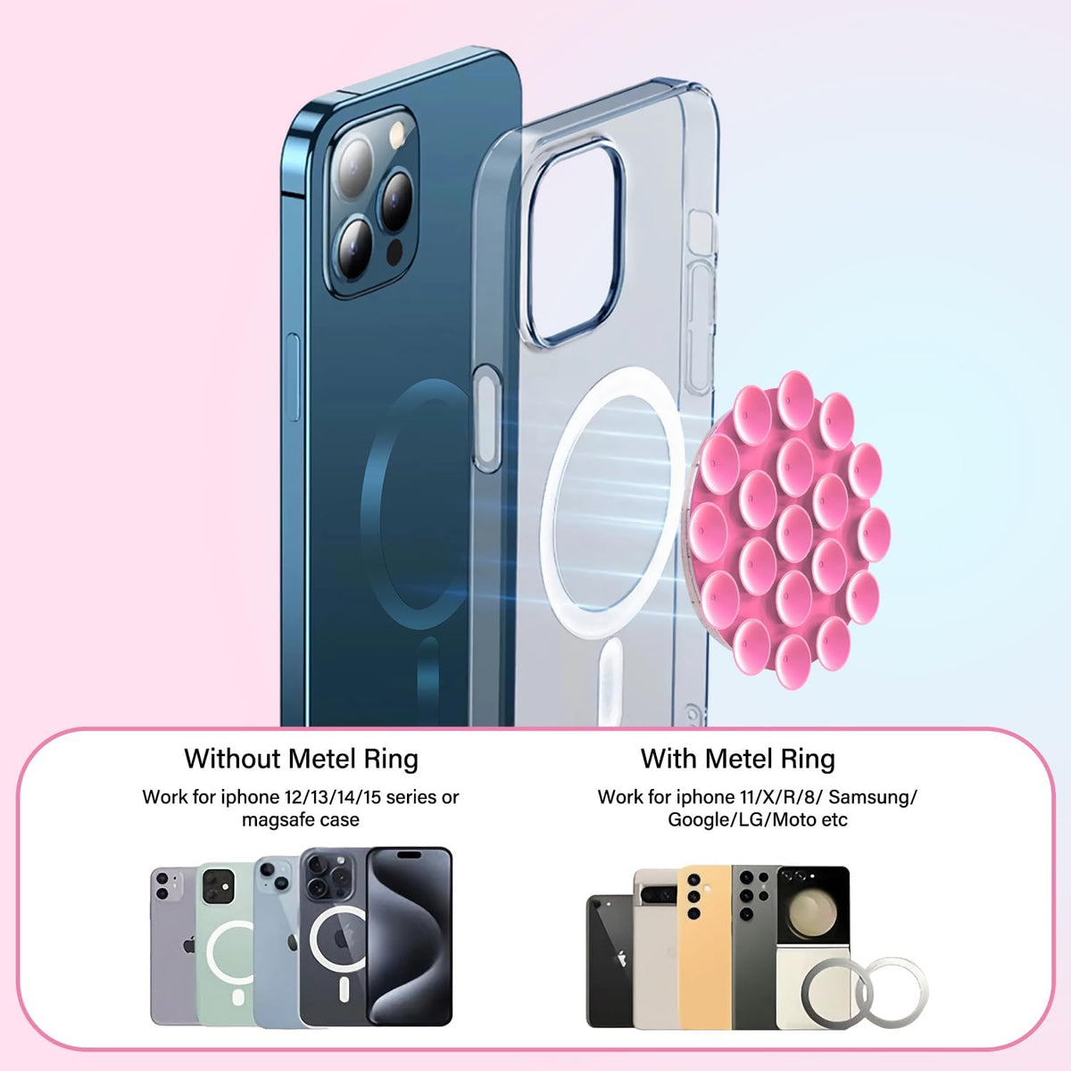 Silicone Suction Phone Case Magnetic Mount, Hands-Free Accessory for iPhone and Android, Mirror Shower Holder (Black)